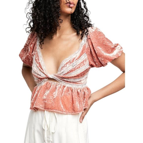 FREE PEOPLE - NWOT "Yours Truly" Crushed Velvet Peplum Top in Mauve (M) β§ - Picture 1 of 5